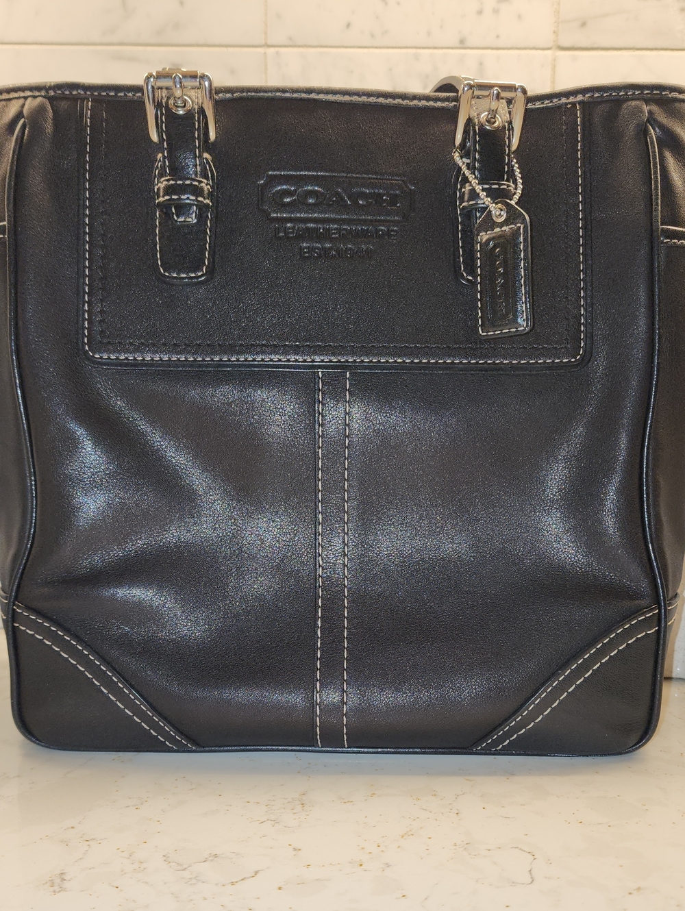 Coach Black Leather Briefcase with White Contrast Stitching
